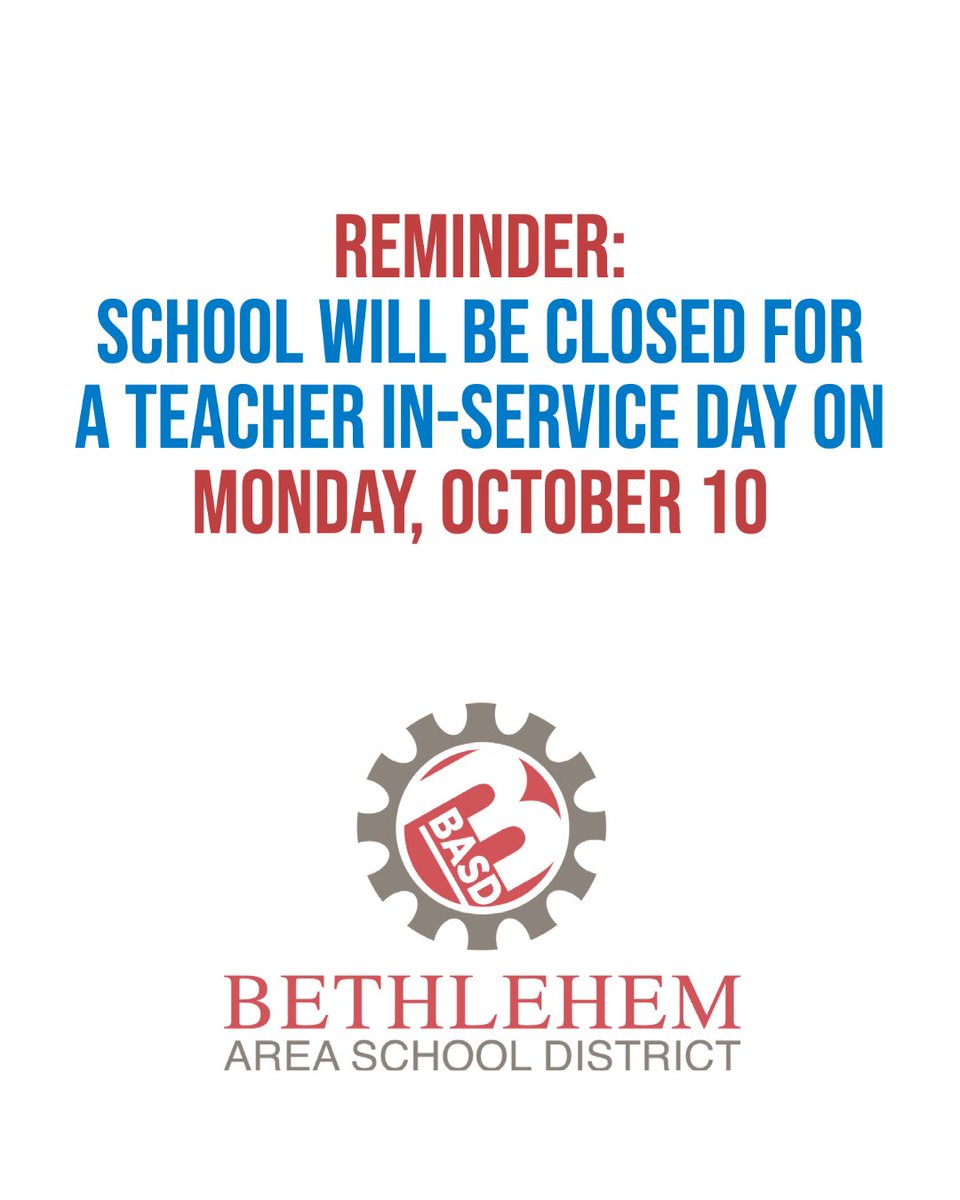 Reminder: School will be closed on Monday, October 10 for teacher in-service. 

District Calendar: ow.ly/EzXP50KYp8P