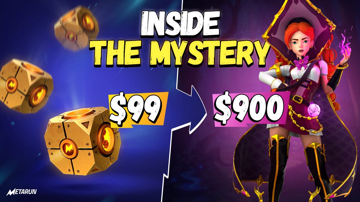 What's inside the MYSTERY BOX?🧙🏻‍♀️ SURPRISE! 🪄 

Get one of 27 characters' skins. Each of the three characters—Ignis, Oro, and Penna—has 9 skins, which are different in NFT kind and rarity.

Box value: $99
#NFT Value Surprise range: $90 - $900🚀

#Metarun #NFTs #NFTsales