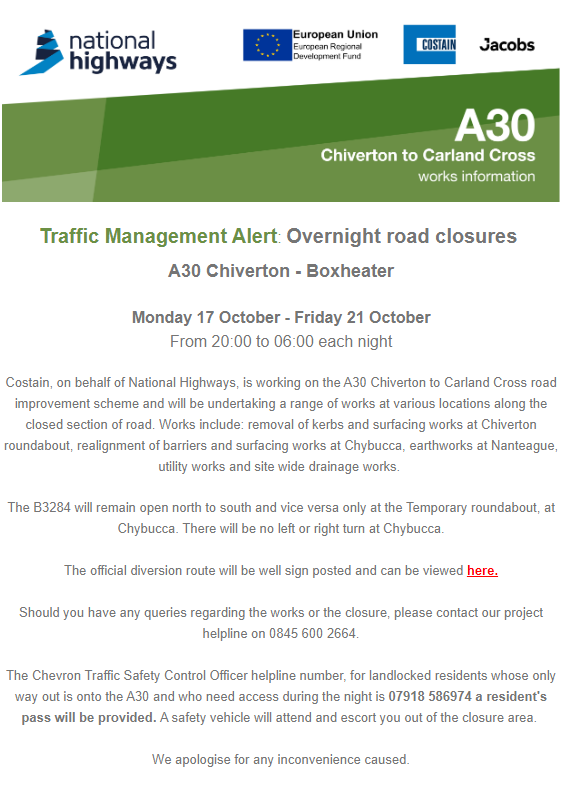 StAgnesCN's tweet photo. A30 Road Closure - Monday 17th to Friday 21st October 8pm to 6am every night.

Please click on the link below, this will open the closure page. The diversion routes for each closure are highlighted in Red.
 
https://t.co/KrIt5xWkc1 https://t.co/dp4LgZZqmg