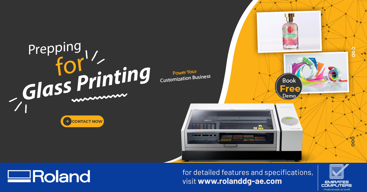 The VersaUV LEF2-300 flatbed printer make printing on glass much easier with on-board primer ink options that enable users to prep an object before printing the full-color graphic*. 🔎 bit.ly/3stga85

#packaging #printing #glassprinting #VersaUV #UVprinting #Rolanddguae