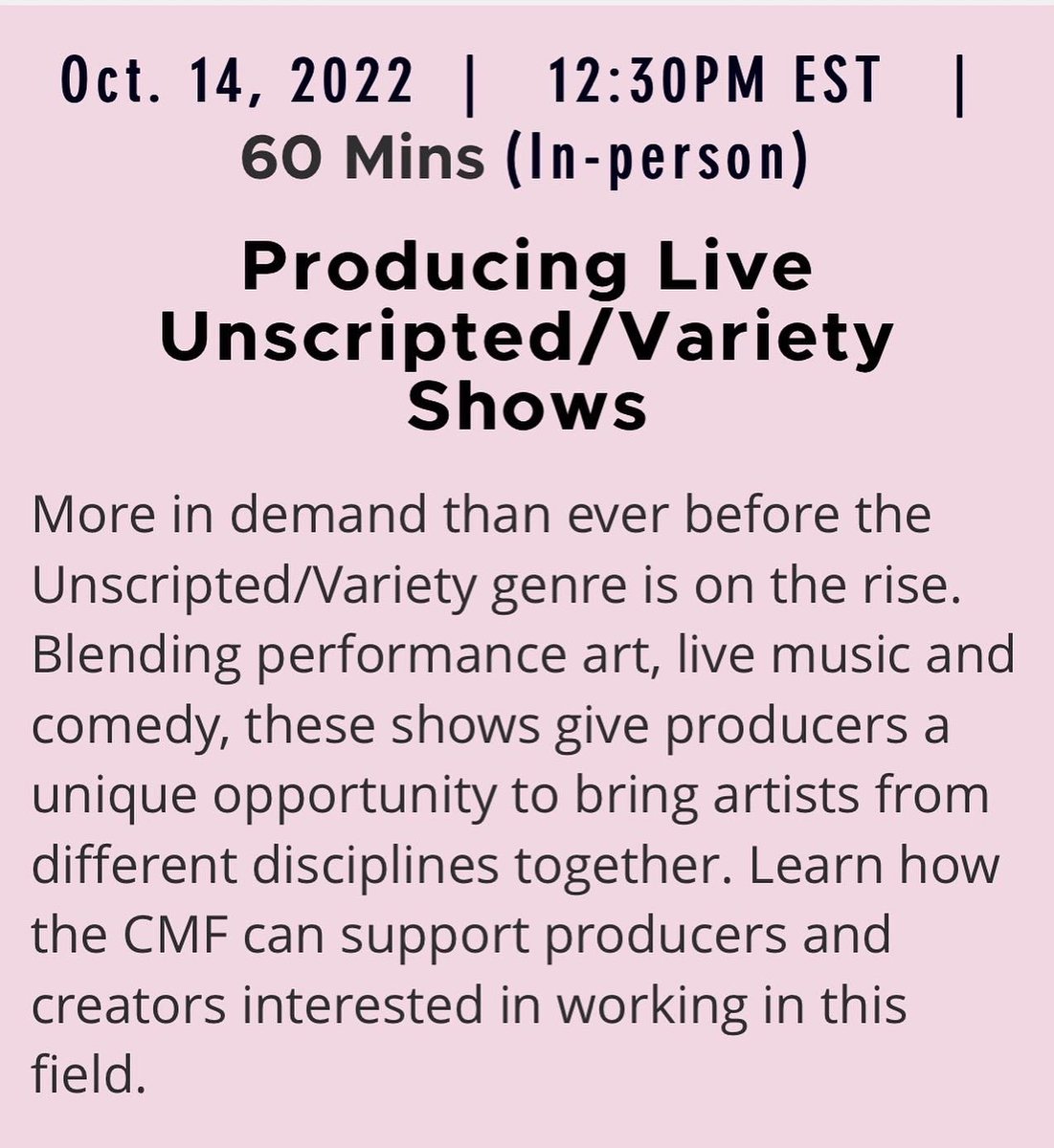 1 week today! Excited to talk variety + live unscripted tv <a href="/reelworldfilm/">Reelworld Screen Institute</a> with a fantastic group - I wanted the prep call to go longer! Come check out Ngozi Paul (<a href="/gozigirltweets/">Ngozi Paul</a>), <a href="/MayaAnnik/">Maya Annik</a> talk about creating these shows while <a href="/Marcia_Douglas/">Marcia Douglas</a> &amp; Jessica Lea Fleming rep <a href="/CMF_FMC/">Canada Media Fund</a>