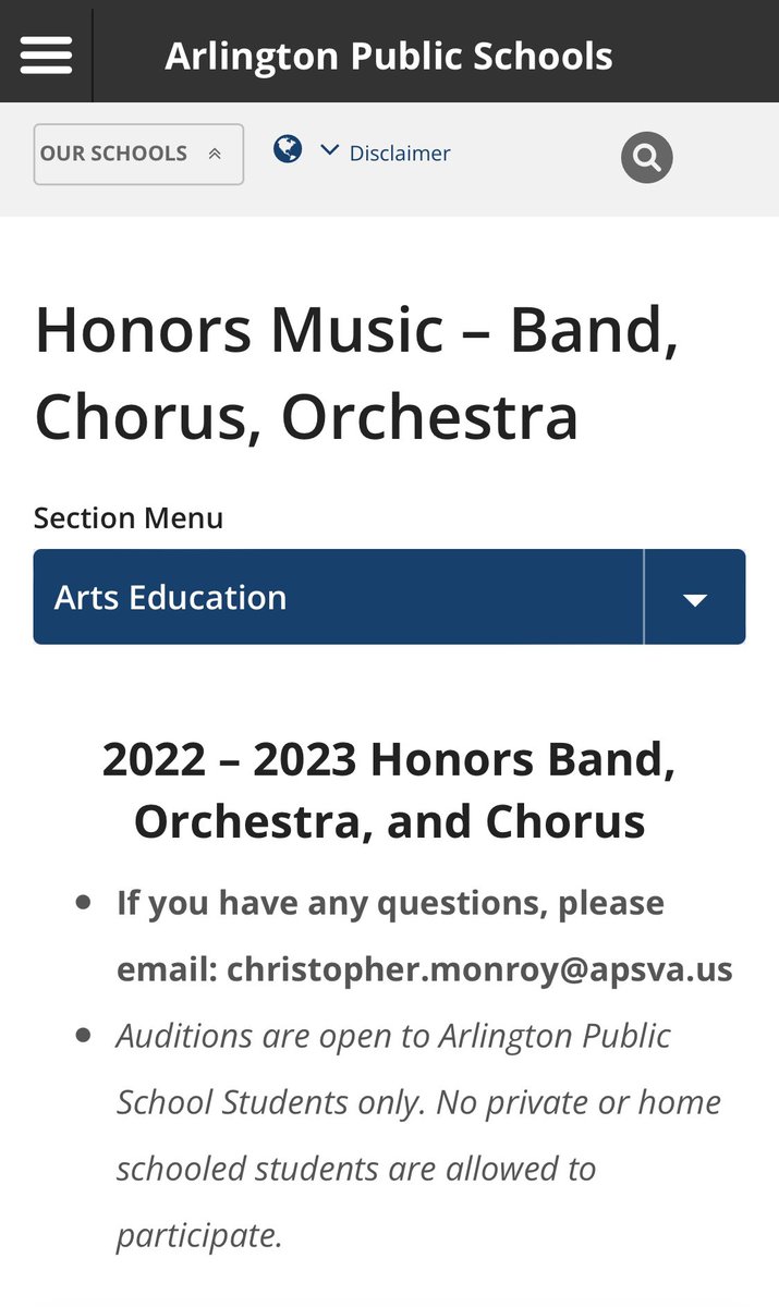 APS Honors Music auditions for grades 4-8 band, orchestra, chorus info here: apsva.us/honors-music-b…