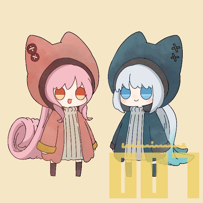 multiple girls 2girls blue eyes pink hair smile hood chibi  illustration images