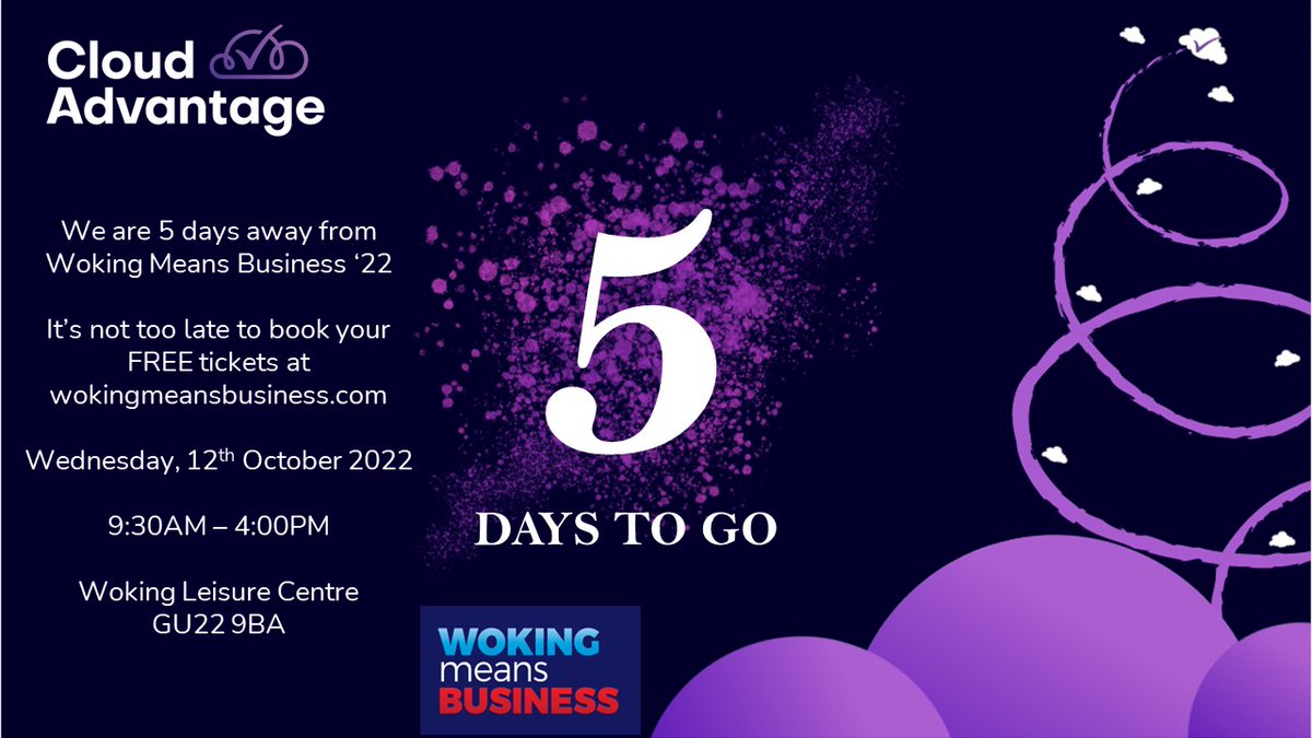 CldAdv's tweet photo. We are 5 days away from @WokingMeansBiz 2022 
Wednesday, 12th October 
9:30AM - 4:00PM
Woking Leisure Centre
GU22 9BA
It's not too late to book your FREE tickets at https://t.co/6xFcAF94Ln 
#wmb2022 #wokingevents #wokingbusiness https://t.co/bF3um0W1yK