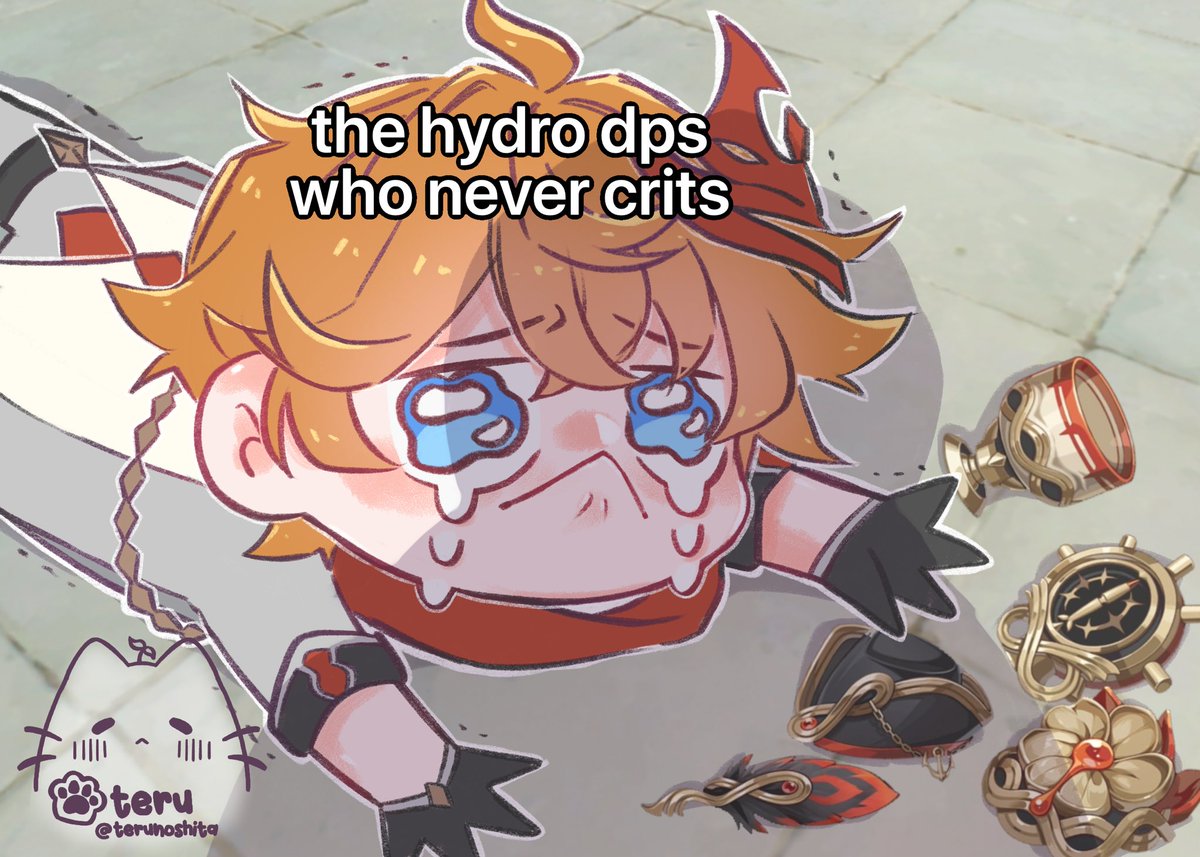 terunoshita's tweet photo. as a childe main, i can say the man only crits when he feels like it, which is never 🥲

#genshintober #genshintober2022
#genshinimpact #原神 #meme 
#tartaglia #childe #yelan https://t.co/UGTeEypRl2