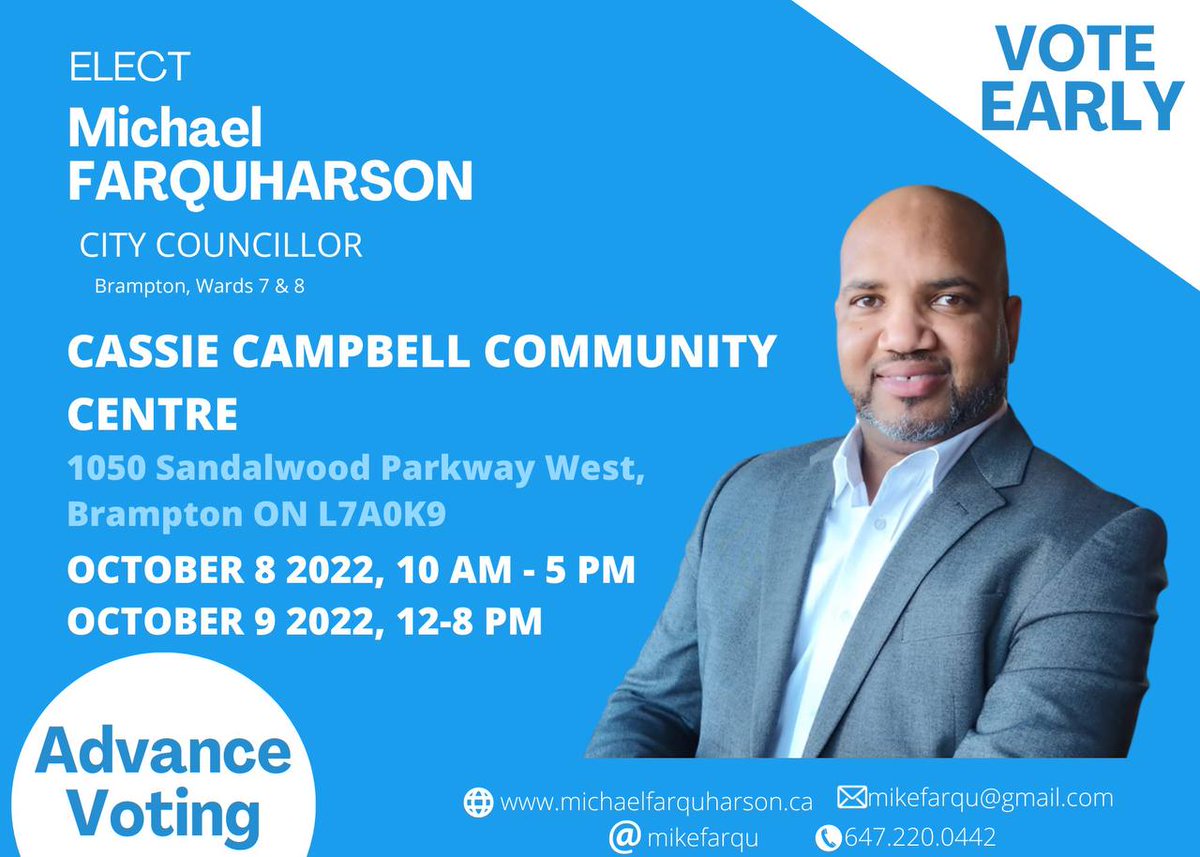 mikefarqu's tweet photo. #advancevoting starts today, Friday, October 7th. Make sure you go out to vote, #voteMichael and #VoteEarly

https://t.co/a56qakPAxt
#bramptonwards7and8 #brampton #citycouncillor https://t.co/SUSByD4P7m