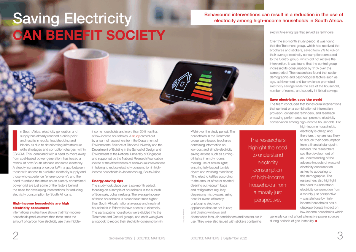 NRF_News's tweet photo. #NRFScienceMatters: Do high-income households consume more electricity? An NRF-supported study, carried out by @Rhodes_Uni &amp; @NUSingapore, showed that behavioural interventions can reduce electricity consumption in high-income households in Johannesburg: https://t.co/W3bYRdiyvJ https://t.co/d6fAyA2Koz