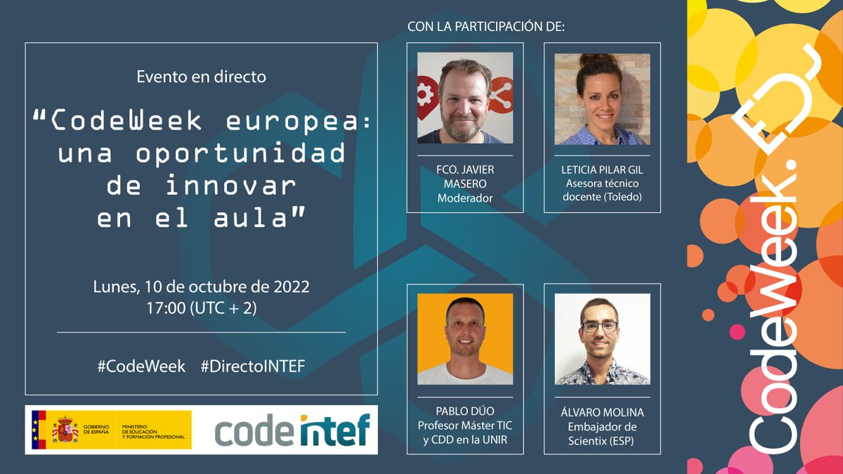 📅El lunes, a las 17:00h, tienes una cita con el evento en directo "#CodeWeek Europea: Una nueva forma de innovar en el aula"
 
🔎Descubre nuevas formas de acercar la programación al aula de la mano de <a href="/fmasero/">Francisco Javier Masero</a> <a href="/MsLeticiaGil/">Leticia 🖤</a> <a href="/esparaTIC/">𝓟𝓪𝓫𝓵𝓸 𝓓𝓾𝓸</a> y <a href="/molinaayuso/">Álvaro Molina Ayuso</a>.

🔗code.intef.es/noticias/event…
