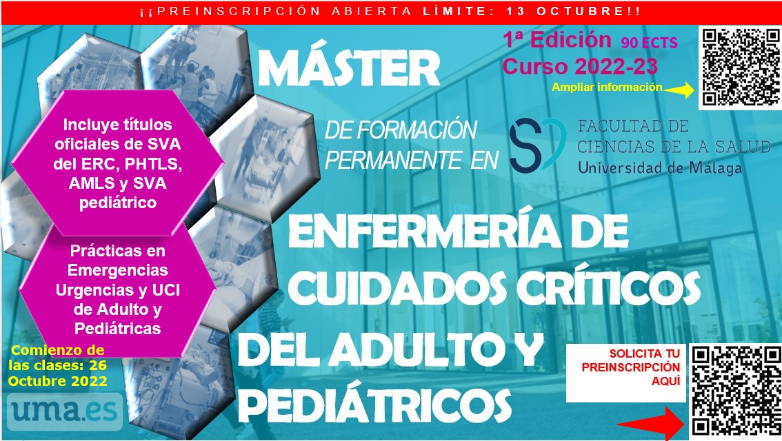 CCSaludUMA's tweet photo. El I Máster de Formación Permanente en Enfermería de Cuidados Críticos de la @CCSaludUMA @InfoUMA cierra su preinscripción el próximo 13 de octubre!!!  Inscripciones: https://t.co/dfLwDjHvgx https://t.co/xmeN5cEAFO