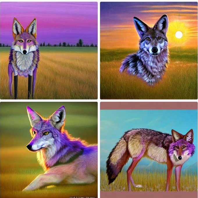 AIDreamer1's tweet photo. a painting of a purple coyote sitting in a field at sunrise, 3d rendering #StableDiffusion #aiart #generativeart #aidreams https://t.co/aDFRac32OG
