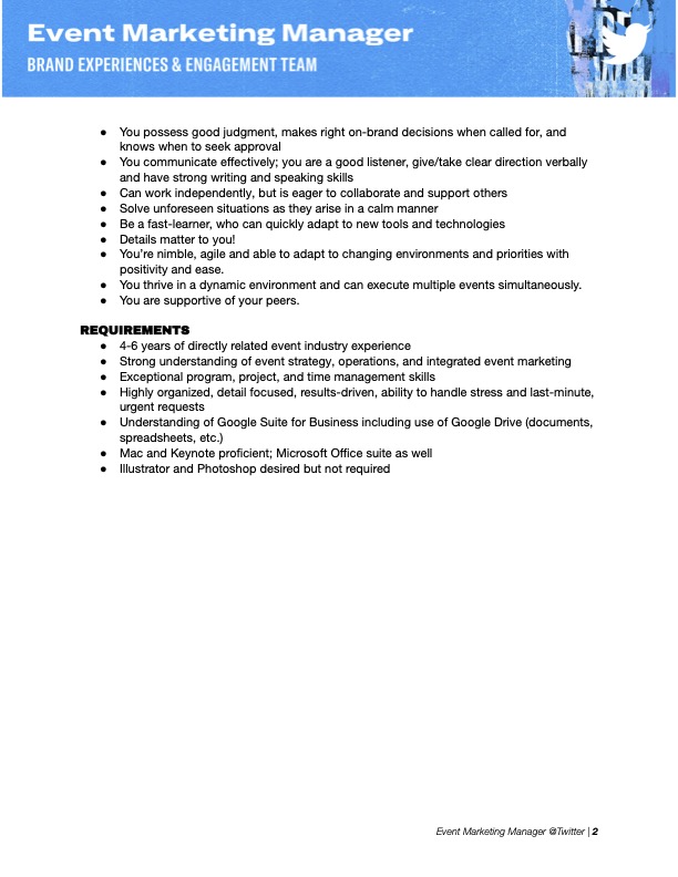I'm hiring an Event Marketing Manager to join our team at Twitter! It is a contract role with an initial term of 6 months with hope to extend. If you or anyone you know is interested, please submit resumes to experiences@twitter.com