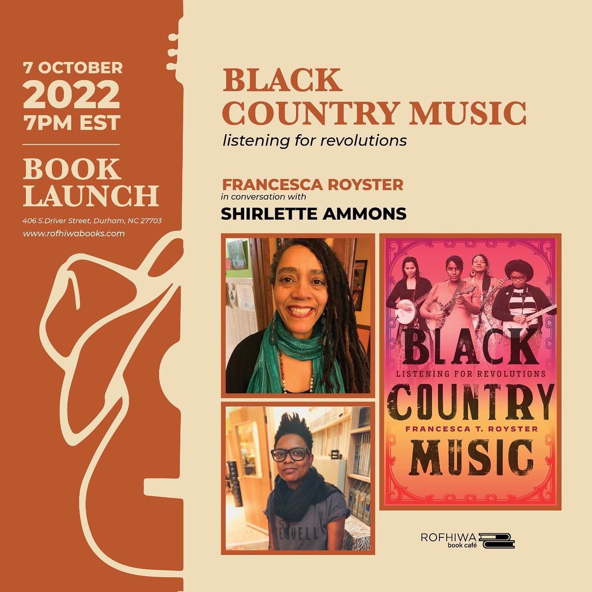University of Texas Press (@utexaspress) on Twitter photo Tonight at 7 PM in Durham, NC! <a href="/rofhiwabooks/">Rofhiwa Book Café</a> hosts an evening to celebrate the new book BLACK COUNTRY MUSIC with author @FrancescaRoyst1 in conversation with musician and poet <a href="/shirletteammons/">shirlette ammons</a>! #BlackCountryMusic
Save your spot here! rofhiwabooks.com/blogs/events/b… #Durham Tonight at 7 PM in Durham, NC! <a href="/rofhiwabooks/">Rofhiwa Book Café</a> hosts an evening to celebrate the new book BLACK COUNTRY MUSIC with author @FrancescaRoyst1 in conversation with musician and poet <a href="/shirletteammons/">shirlette ammons</a>! #BlackCountryMusic
Save your spot here! rofhiwabooks.com/blogs/events/b… #Durham