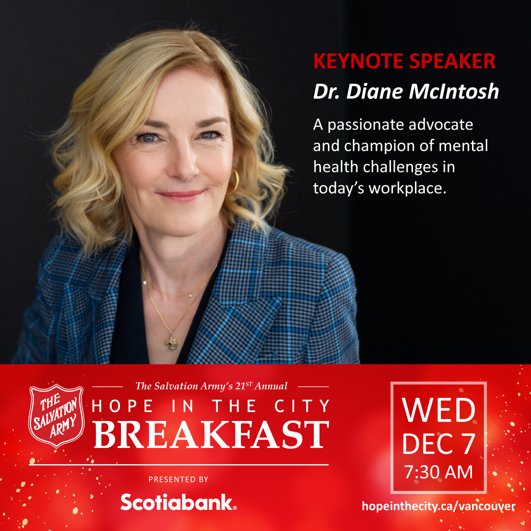SalArmyBC's tweet photo. We are thrilled to have Dr. Diane McIntosh join us as our keynote speaker at the 21st Annual Hope in the City Breakfast!

December 7, 2022 7:30 AM - 9:00 AM
Vancouver Convention Centre West 

Get your tickets today: https://t.co/0ksA0TuQJc
#GivingHopeToday #HITCB https://t.co/9gl5hmJe6s
