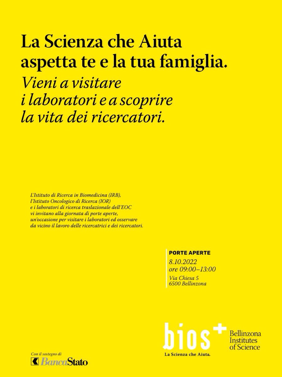 c_pizzichetti's tweet image. Sabato le porte dei nostri laboratori saranno aperte al pubblico. Venite a trovarci, vi aspettano numerose attività volte a scoprire la vita di noi ricercatori! 🥼

@BellinzonaIrb @USI_university @IOR_Bellinzona @EnteOspedaliero