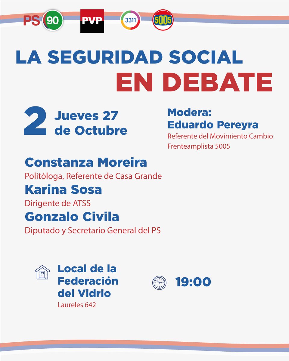 Socialistas90's tweet photo. Este lunes @socialistas90 @PVP_Espacio567 @CasaGrande_FA y @Lista5005 comenzamos un ciclo de debate sobre seguridad social, para pensar y discutir juntas y juntos. Aquí las mesas de octubre.

#SeguridadSocial
#Debate
#Ciclo https://t.co/n8t6qQCc1w