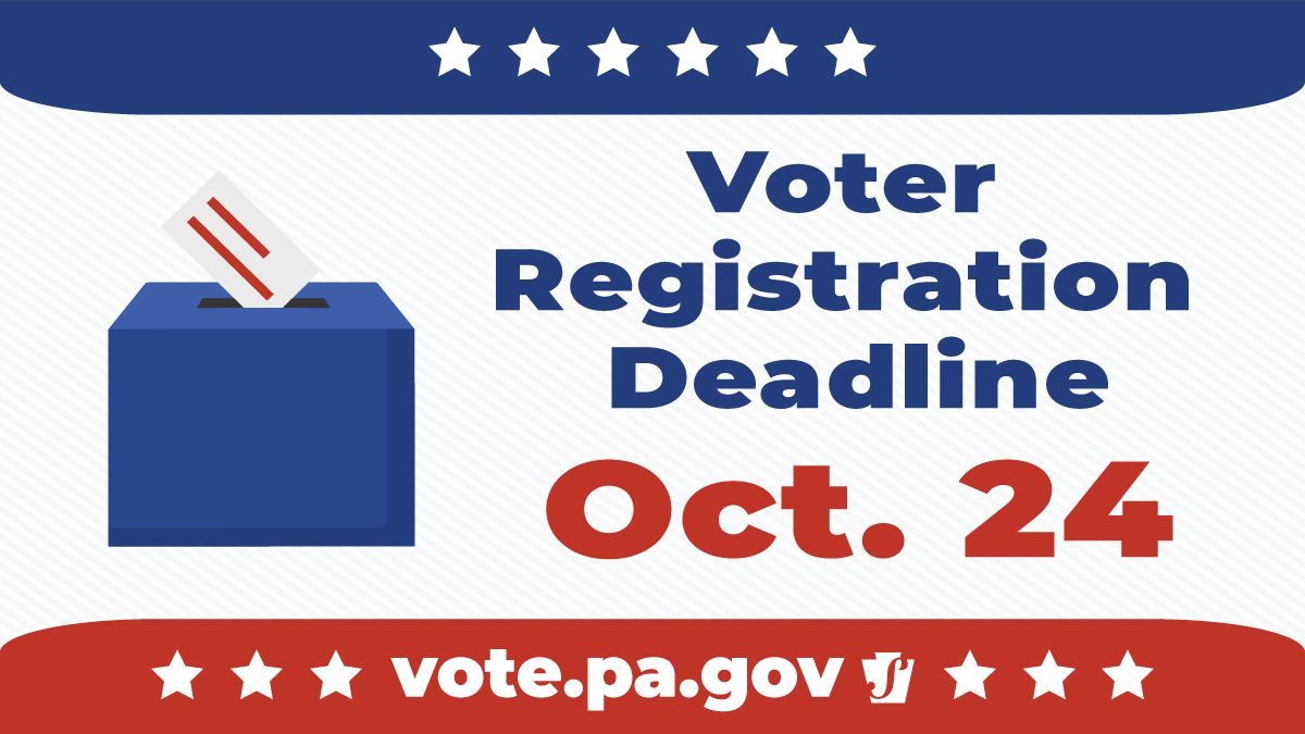 Only 2 weeks until the deadline to register to vote in the Nov. 8 election! If you have moved or changed your name since the last election, be sure to update your registration information. Vote.pa.gov/Register