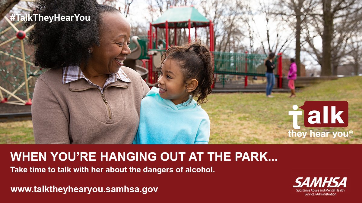 What do you and your kids talk about at the park 🌳?

This Monday 10/10 is #WorldMentalHealthDay. Take this time to talk with them about the effects of alcohol &amp; other drugs on youth mental health. Visit #TalkTheyHearYou to start the conversation today 💬 samhsa.gov/talk-they-hear…
