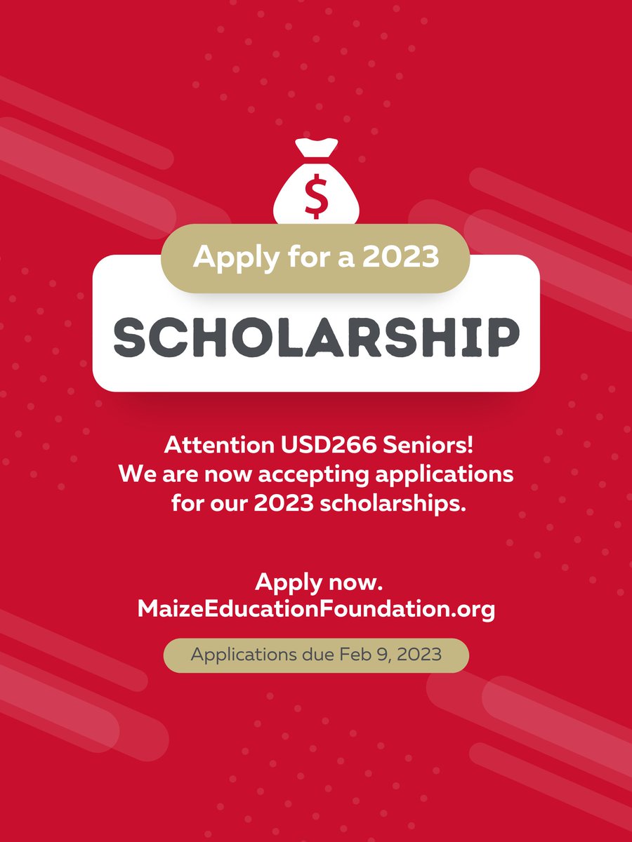 MaizeFoundation's tweet photo. Attention @maize266 seniors! We are now accepting applications for our 2023 scholarships. Please visit https://t.co/5bioSat8nB to learn more. Applications are due 2.9.23

#MaizeFamily https://t.co/vc4pQlh3R3
