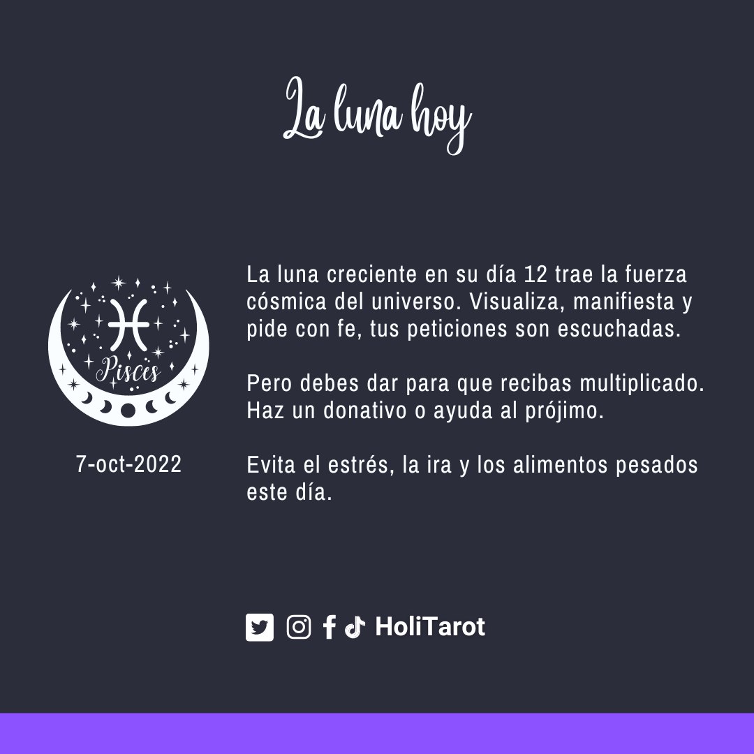 HoliTarot's tweet photo. Día del amor cósmico, da para que recibas multiplicado. Trabaja en tus metas y pide con fuerza, lo que deseas se hará realidad. ✨💜🌙
Evita el estrés y los alimentos pesados.
#Luna #Moon #Luno #MoonInPisces #LunaEnPiscis #LuaEmPeixes #LunoEnFiŝoj #LunaCreciente #CrescentMoon https://t.co/z1cXz2SNW5