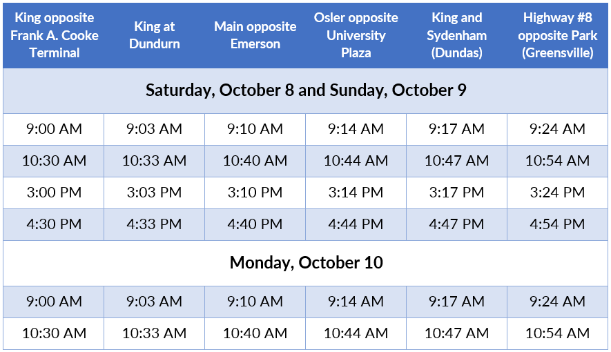 Heading to <a href="/RocktonFair/">Rockton World's Fair</a> this weekend? Take our FREE shuttle service from downtown Hamilton to the fair and back. Return shuttles: Saturday - 3:45 PM, 5:15 PM, 9:30 PM, 11:00 PM; Sunday - 3:45 PM, 5:15 PM, 8:30 PM, 10:00 PM; Monday - 4:00 PM, 5:30 PM
hamilton.ca/home-neighbour…