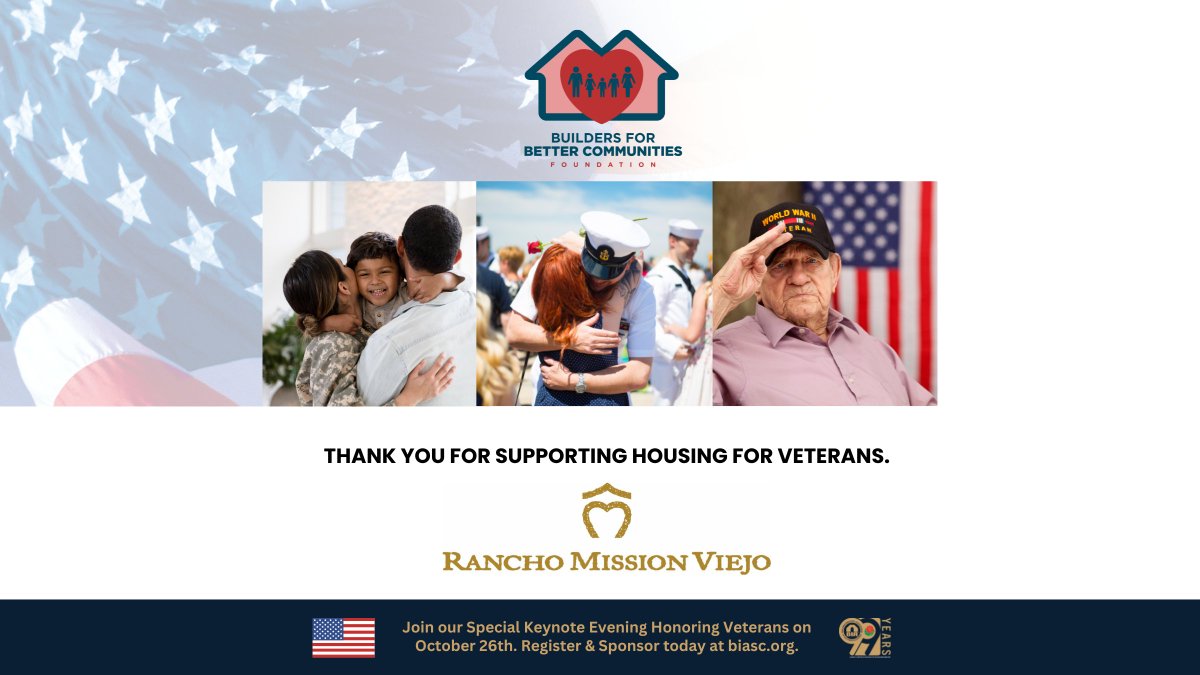 BIASC's tweet photo. Thank you to Rancho Mission Viejo for supporting housing for our US Veterans. 🏠🇺🇸 Register &amp; Sponsor today for our Special Evening Honoring Veterans on October 26th in partnership with our new nonprofit Builders for Better Communities: https://t.co/17bwBrFBaE. #BIASC #veterans https://t.co/12GMSyaM3V