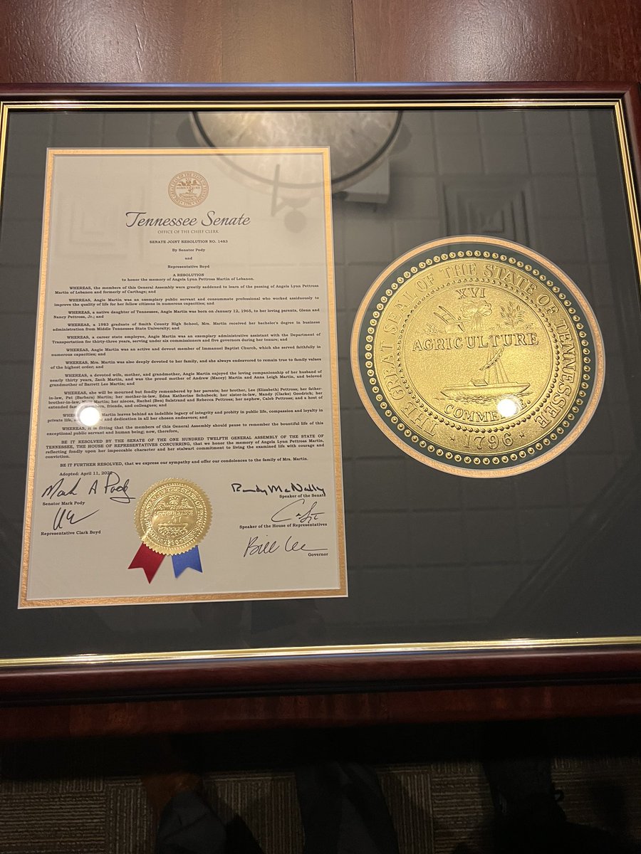 Thank you Sen. <a href="/markpody/">Mark Pody</a> and Rep. <a href="/ClarkBoydTN/">Clark Boyd</a> for recognizing our dearly beloved Angie Martin with a resolution in her honor at the Lebanon Chamber. Both her immediate and TDOT family are grateful.
