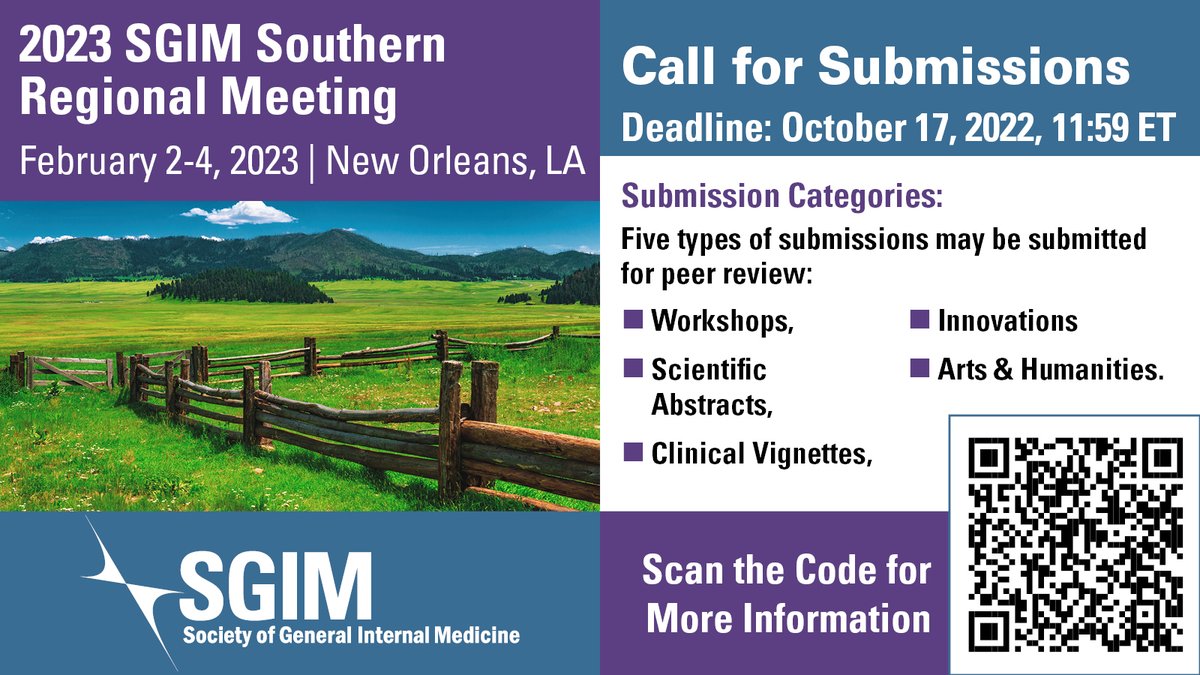 Don't forget to submit your work and sign up to be a peer reviewer for #SGIMSouthern! Deadline in 10/17. We're accepting workshops, clinical vignettes, innovations, scientific abstracts, & new this year, humanities!

bit.ly/3SFx0wv