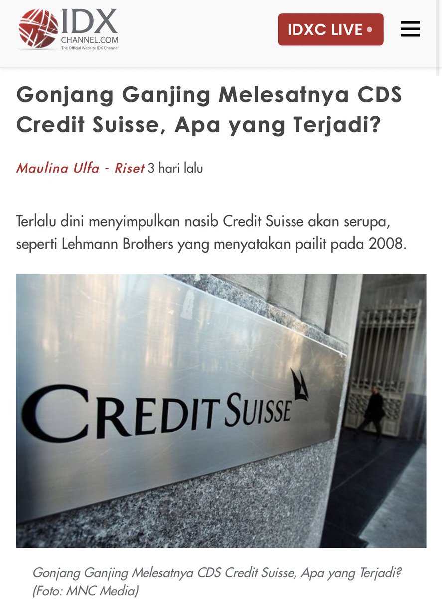 Rudiyanto_zh's tweet photo. Akhir2 ini, istilah CDS (Credit Default Swap) sering terdengar

Credit Suisse yg diberitakan kondisi keuangan memburuk, salah satu indikatornya adalah angka CDS yg melesat tinggi

Apa itu CDS? Bagaimana cara kerjanya? Mengapa dikaitkan dgn risiko kebangkrutan https://t.co/BA4R7GDZVs