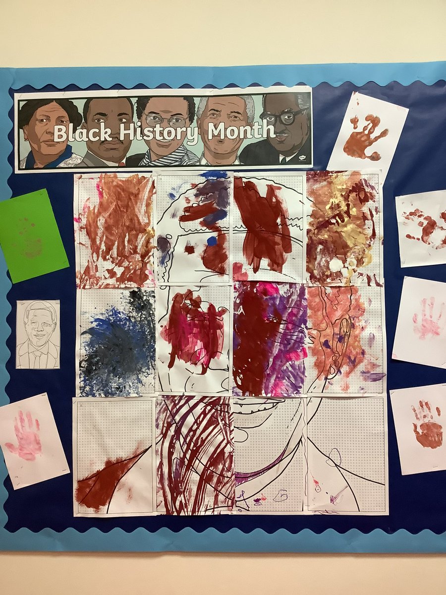 Katie_AlportUK's tweet photo. #Blackhistorymonth2022 this may look like some splodges on #NelsonMandela but the kids had so much fun mixing colours and working on fine motor skills, using brushes and sponges. We also mixed some paint to match our skin colour, we are all one! #oneworld #oneclass https://t.co/1236im7PwB