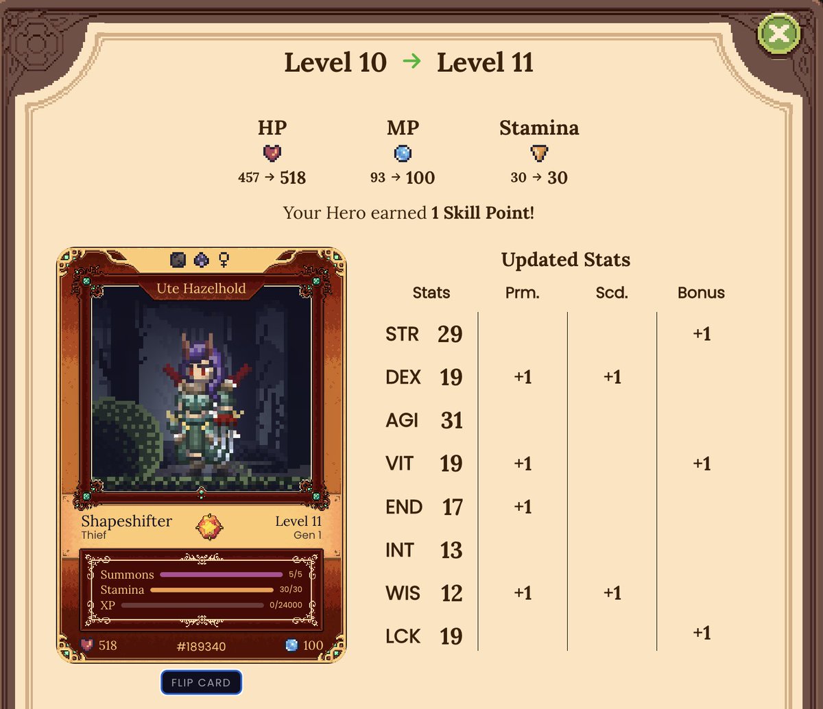 DFKnous's tweet photo. When you want that 29 to be at least 30, and you want those 19s to be at least 20, partly for #DFKDuel, you might level up like this...
(Recall my earlier #DFKStrategyPoll asking whether this hero was ready to duel: https://t.co/kBojCVLNek.)
$JEWEL #CRYSTAL #DFK #DefiKingdoms https://t.co/OXGsvhA669