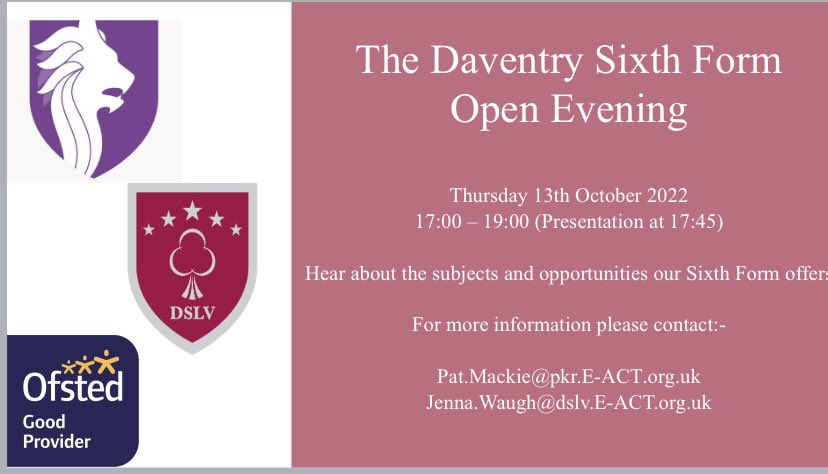 Daventry6thForm's tweet photo. Less than a week until our Open Evening. 

18 A-Levels
5 Vocational 
3 Additional Qualifications 

Your Future! 

@DSLVNews @TheParkerEACT https://t.co/l0cNpZvbYR