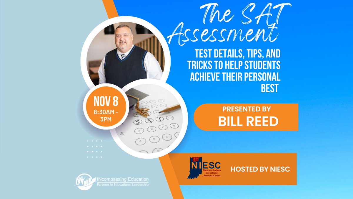 McKinleyDianne's tweet photo. Bill Reed will be presenting "The SAT Assessment:  Test Details, Tips, and Tricks to Help Students Achieve their Personal Best."
To register for this session visit https://t.co/Ill4QlF9ul. Please see the registration page for fees.
#sat #assessments #math #k12education #niesc https://t.co/GIUCKZ8HQI