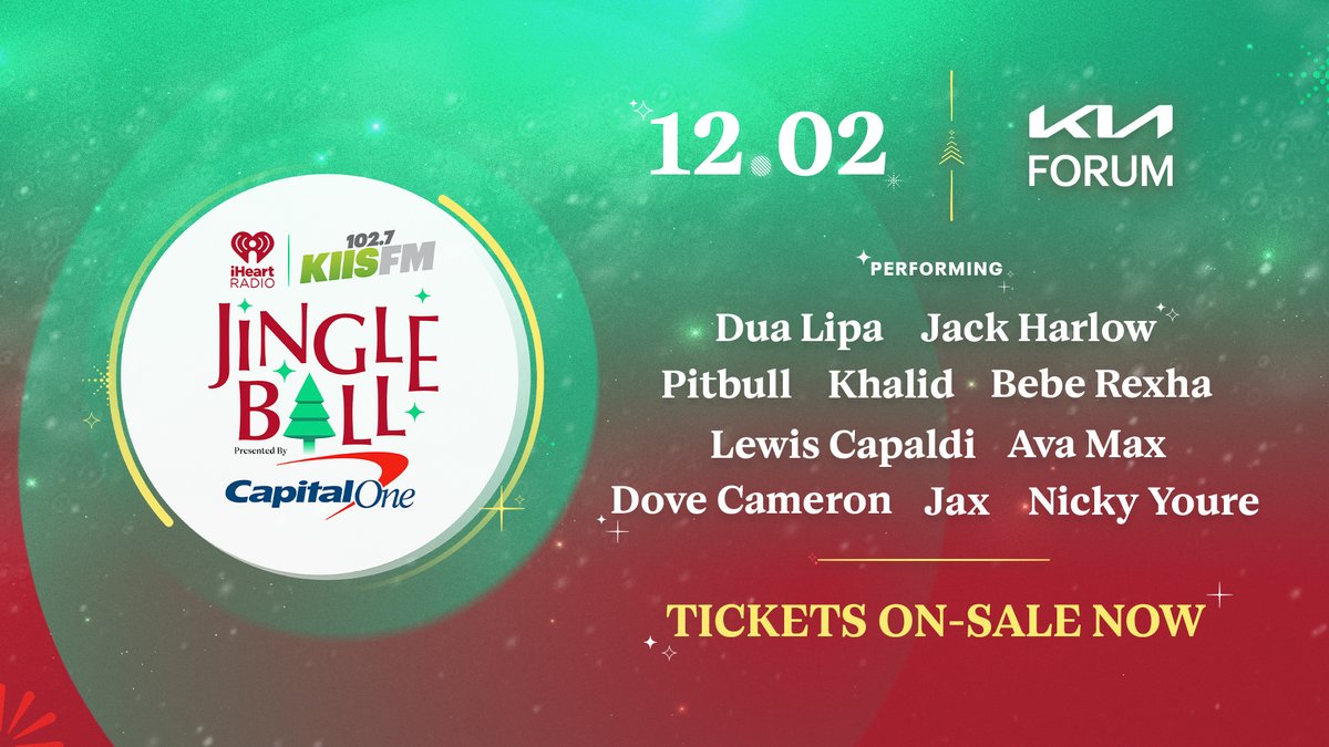 102.7 KIIS FM (@1027kiisfm) on Twitter photo Tis the season! 🥰 #KIISJingleBall tickets are ON SALE NOW! 🎁 Who are you excited to see?! 👀😍 Get tix here: ihr.fm/BuyLATickets
❄️ <a href="/DUALIPA/">DUA LIPA</a>
❄️ <a href="/jackharlow/">Jack Harlow</a>
❄️ <a href="/pitbull/">Pitbull</a>
❄️ <a href="/thegreatkhalid/">Khalid</a>
❄️ <a href="/BebeRexha/">Bebe Rexha</a>
❄️ <a href="/LewisCapaldi/">Lewis Capaldi</a>
❄️ <a href="/AvaMax/">AVA MAX</a>
❄️ <a href="/DoveCameron/">Dove Cameron</a>
❄️ @jax
❄️ <a href="/Nicky_Youre/">Nicky Youre</a> Tis the season! 🥰 #KIISJingleBall tickets are ON SALE NOW! 🎁 Who are you excited to see?! 👀😍 Get tix here: ihr.fm/BuyLATickets
❄️ <a href="/DUALIPA/">DUA LIPA</a>
❄️ <a href="/jackharlow/">Jack Harlow</a>
❄️ <a href="/pitbull/">Pitbull</a>
❄️ <a href="/thegreatkhalid/">Khalid</a>
❄️ <a href="/BebeRexha/">Bebe Rexha</a>
❄️ <a href="/LewisCapaldi/">Lewis Capaldi</a>
❄️ <a href="/AvaMax/">AVA MAX</a>
❄️ <a href="/DoveCameron/">Dove Cameron</a>
❄️ @jax
❄️ <a href="/Nicky_Youre/">Nicky Youre</a>
