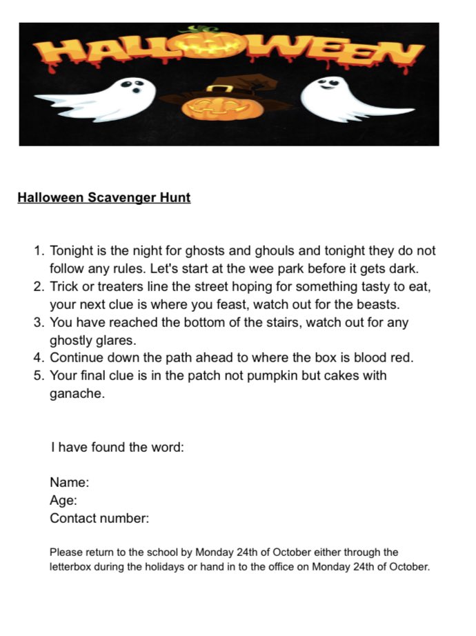 craigellachiep's tweet photo. Scavenger Hunt 🕵️‍♀️🎃👻
There are Halloween themed clues and some spooky letters to be found in the village! Can you solve the Halloween anagram? All successful entries will be entered into a prize draw. https://t.co/IHaFpOTObv