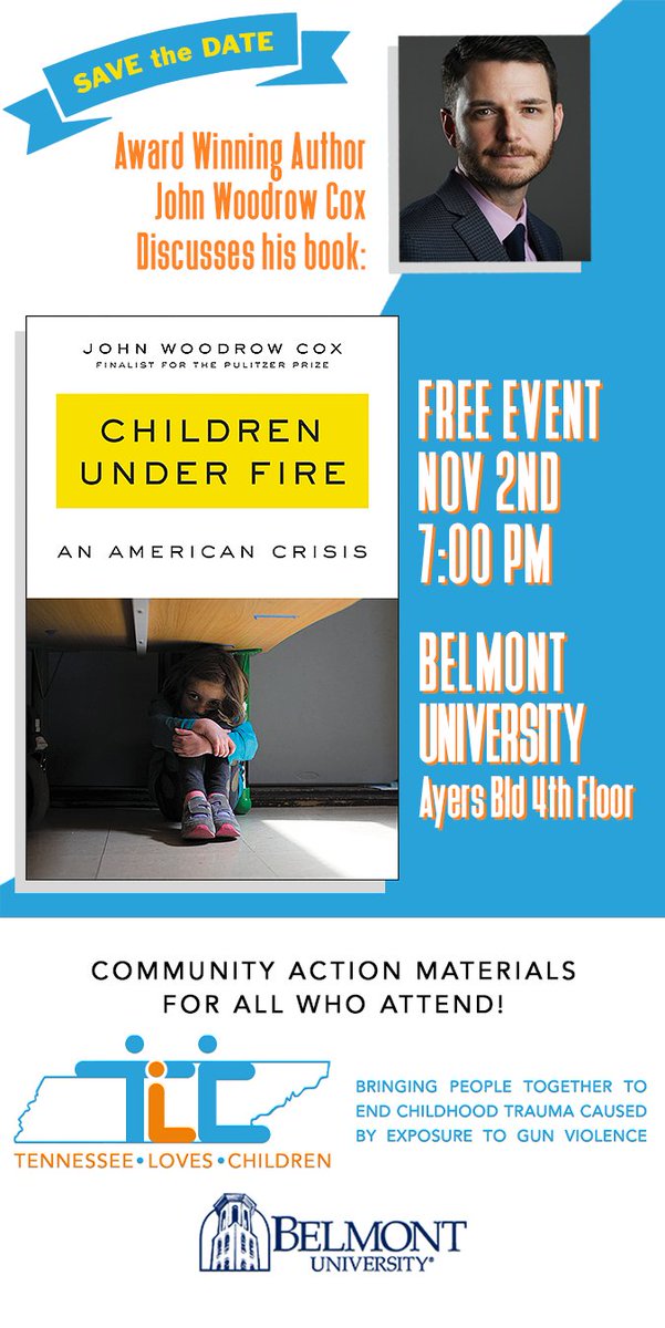JonRoebuck's tweet photo. You're invited to an important event on the campus of Belmont University.  On Nov. 2nd Author John Cox will be on campus to discuss his book on the problem of gun violence and the toll it takes on school children. https://t.co/lr775VZ3A9