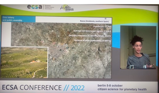 ObserCiudSequia's tweet photo. 👏Excellent Amaranta Heredia presenting at #ECSA2022 the challenge that we'll address from the Citizen Observatory of Drought
🫒To hold a #CivicLottery and a #PublicAssembly in a rural context to deliberate on how to address the Hydrological Transition
#WaterScarcity #CitizenJury https://t.co/BNkiJV0iDA