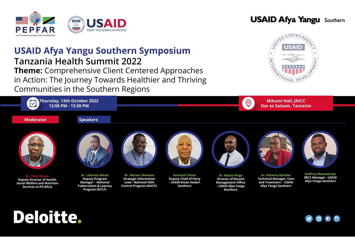 DeloitteTz's tweet photo. Join us for the USAID Afya Yangu Southern Symposium on the 13th of October, 2022 where experts will be sharing key insights on the journey towards healthier and thriving communities! https://t.co/0F2dlvbmgT