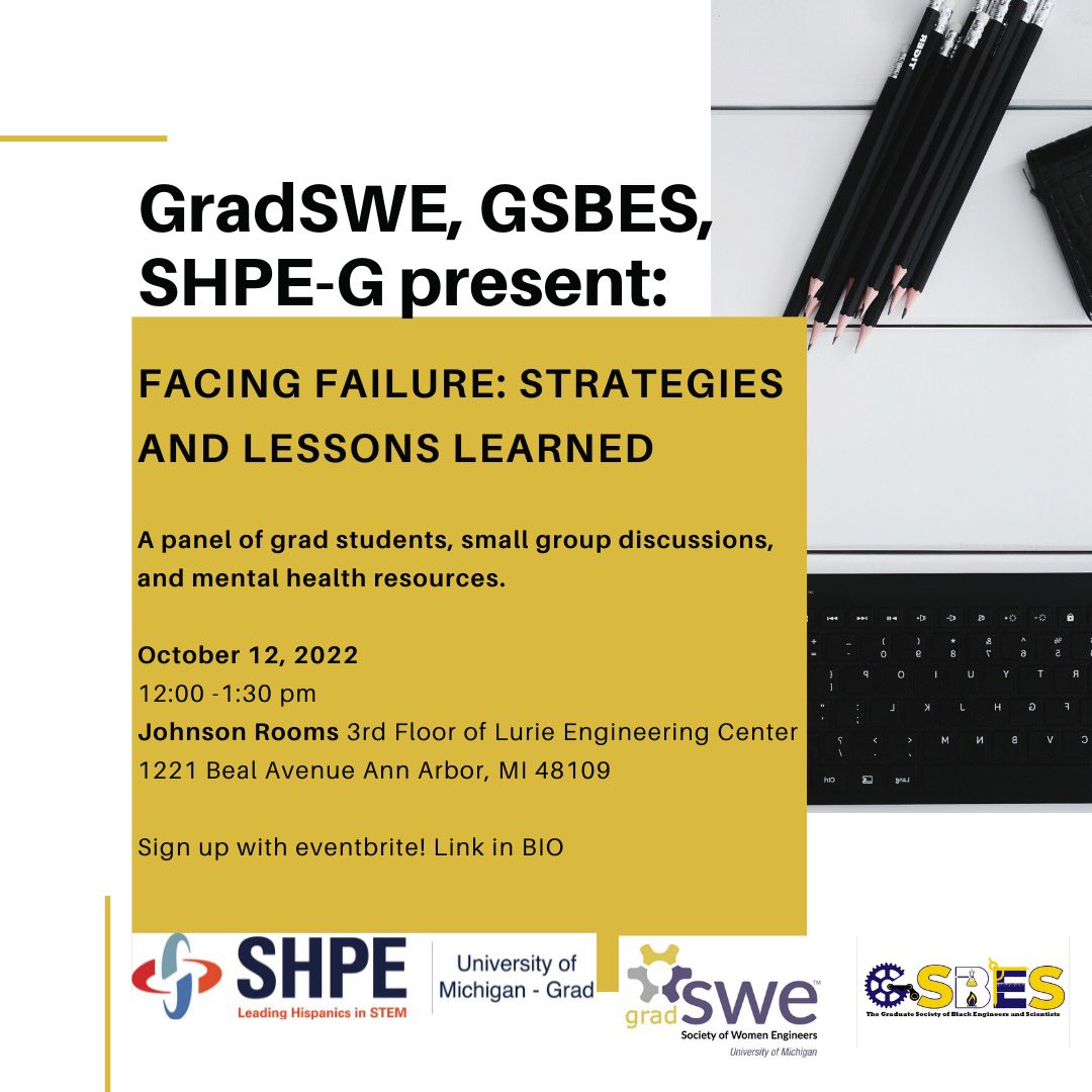GradSWEatUM's tweet photo. Join us for a panel of alumni and discussions with current grad students about failure and how to move forward from it. We will have alumni from GradSWE, GSBES, and SHPE-G to discuss their experiences with failure during grad school. 

Info and RSVP: https://t.co/ce5RkCu3gj https://t.co/FnGz2ciuFk