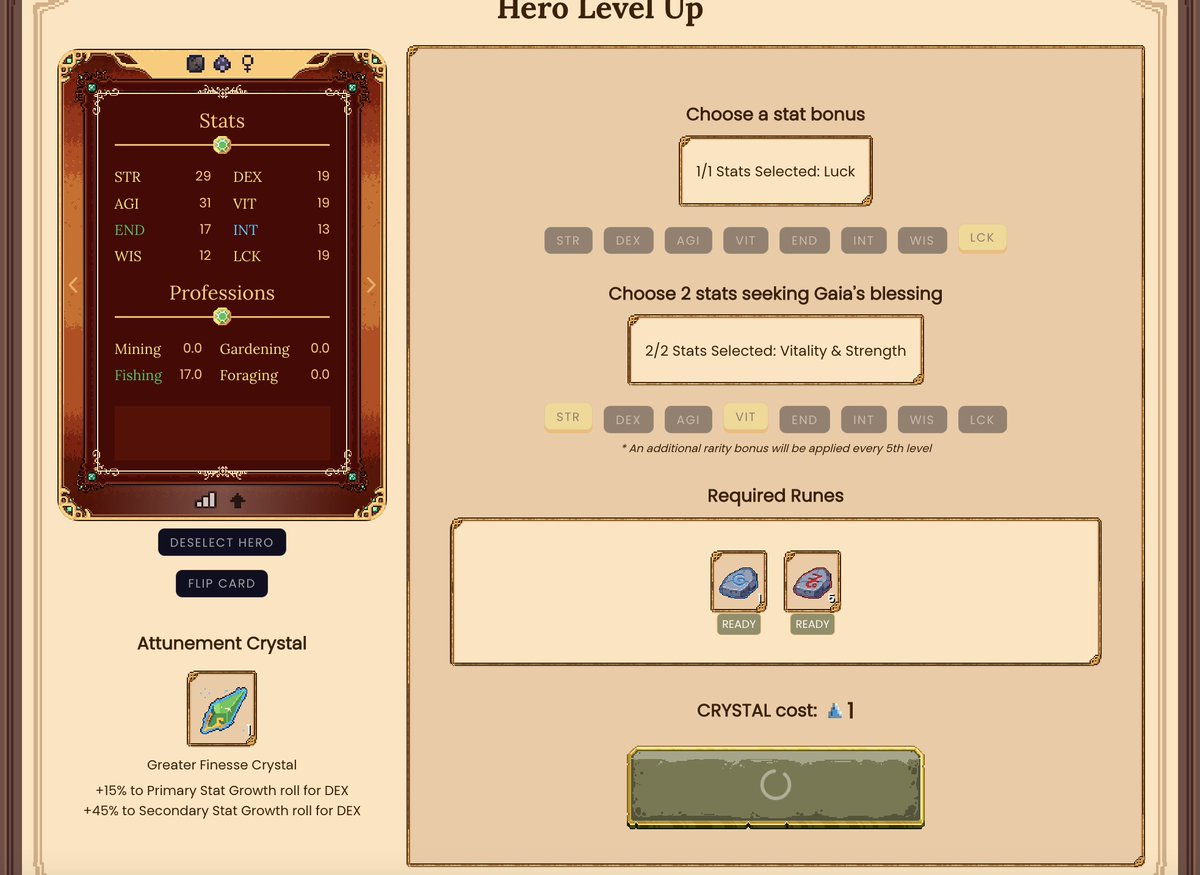DFKnous's tweet photo. When you want that 29 to be at least 30, and you want those 19s to be at least 20, partly for #DFKDuel, you might level up like this...
(Recall my earlier #DFKStrategyPoll asking whether this hero was ready to duel: https://t.co/kBojCVLNek.)
$JEWEL #CRYSTAL #DFK #DefiKingdoms https://t.co/OXGsvhA669