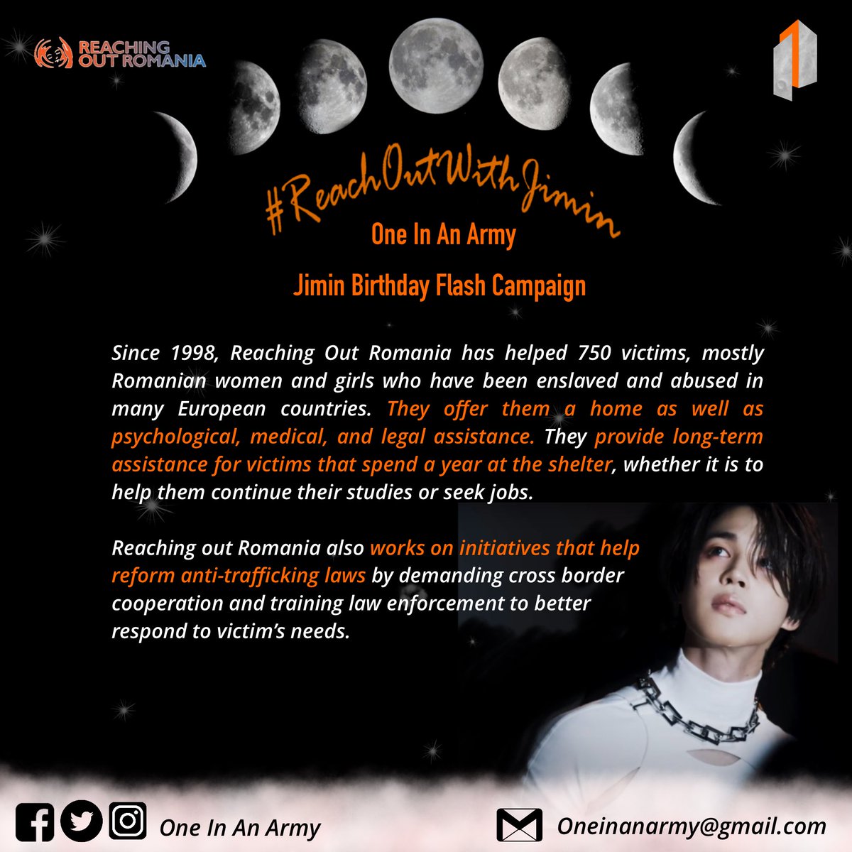 OneInAnARMY's tweet photo. Celebrating Jimin's birthday with #ReachOutWithJimin, a 5-day fundraiser supporting Reaching Out Romania, an NGO that helps human trafficking and sexual exploitation victims with shelter and reintegration into society.

Donate: https://t.co/oByCA6QeGo https://t.co/8kTOxGm1Ex