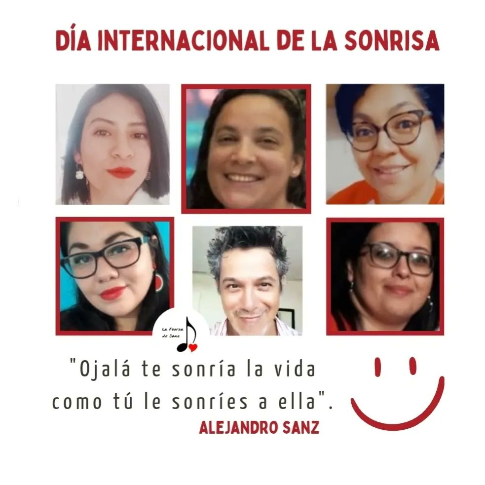 Como cada 1er viernes de octubre te regalamos nuestras sonrisas <a href="/AlejandroSanz/">Alejandro Sanz</a> esperamos la tuya 😍
Tú sonríes, sonreímos todos, sigamos contagiando sonrisas juntos 😁
#DíaMundialDeLaSonrisa 
#AlejandroSanz 
#OficialFams 
<a href="/LaFuerzaDeSanz_/">La Fuerza de Sanz AR ♪❤ 🇦🇷</a> 🇦🇷
<a href="/FuerzaSanzChile/">La Fuerza de Sanz Chile ♪❤🇨🇱</a> 🇨🇱
<a href="/FuerzaSanzGuate/">La Fuerza de Sanz Gᴜᴀᴛᴇ ♪❤🇬🇹</a>