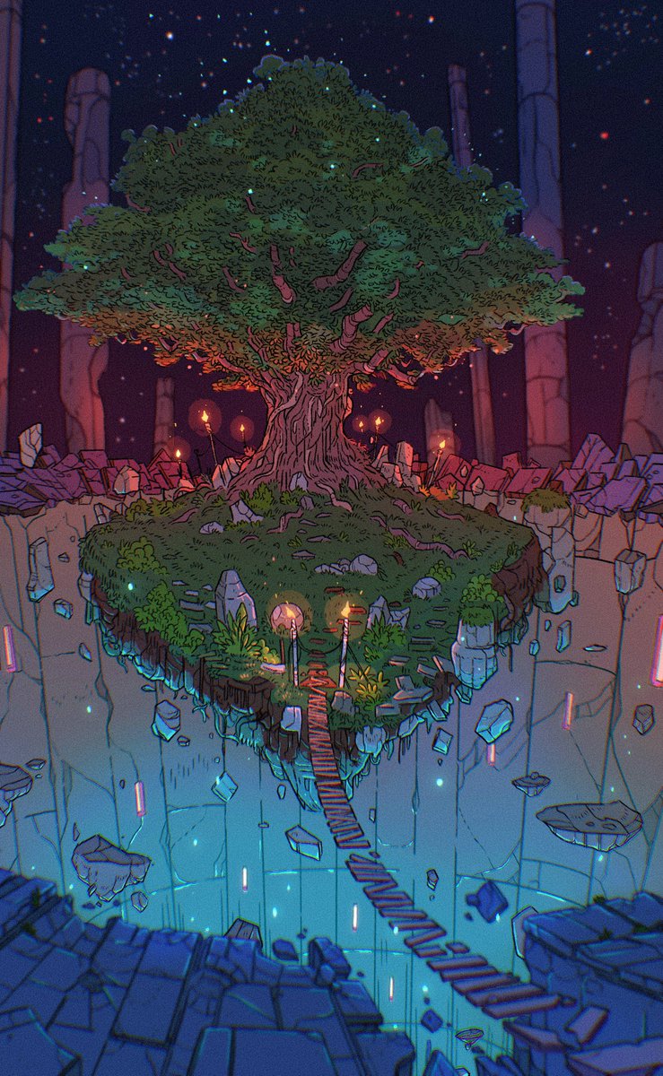 The Umber Tree grows on a field of flagstones, stretching as far as the eye can see. Circling it, sentinel-still, pillars arranged &amp; angled, cutting oddly across the sun, casting strange shadows. Each time the moon rises a great metallic click sounds. Like a vast lock, unlocking.