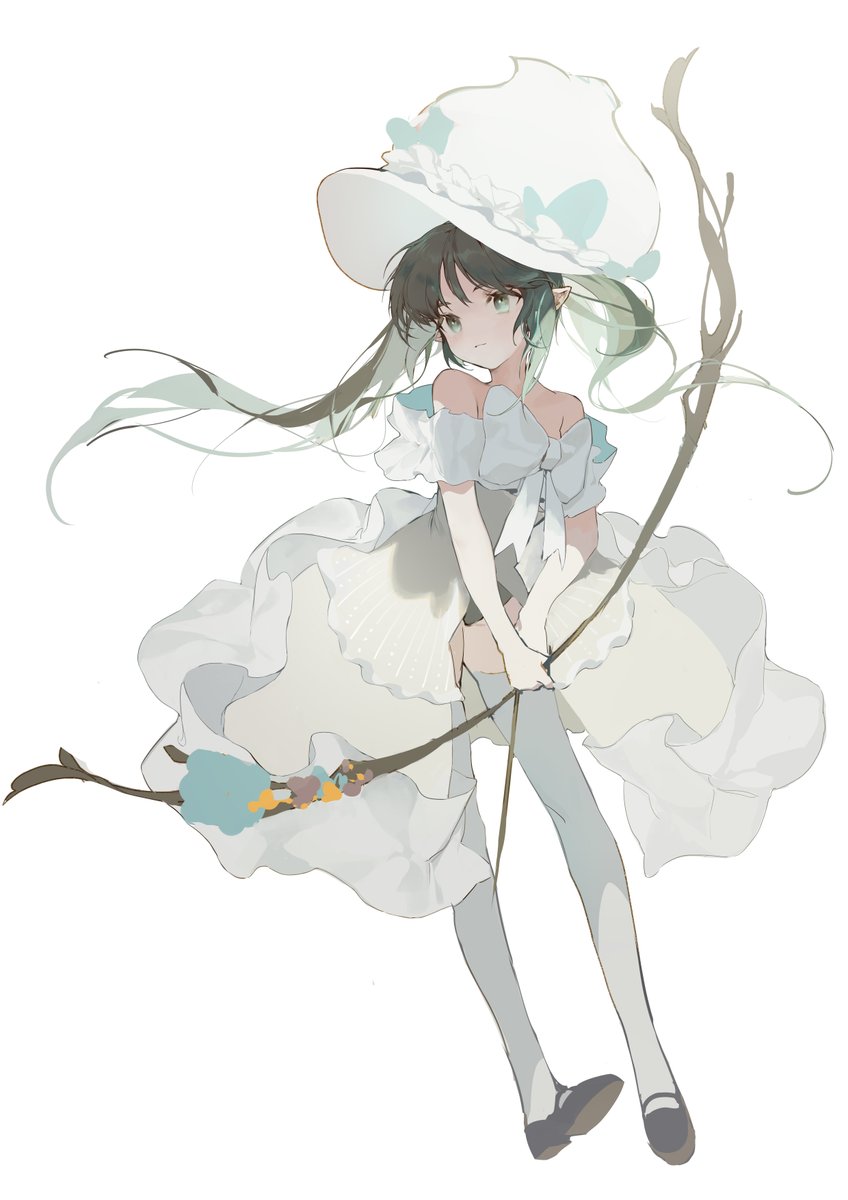 1girl solo dress white background hat long hair holding  illustration images