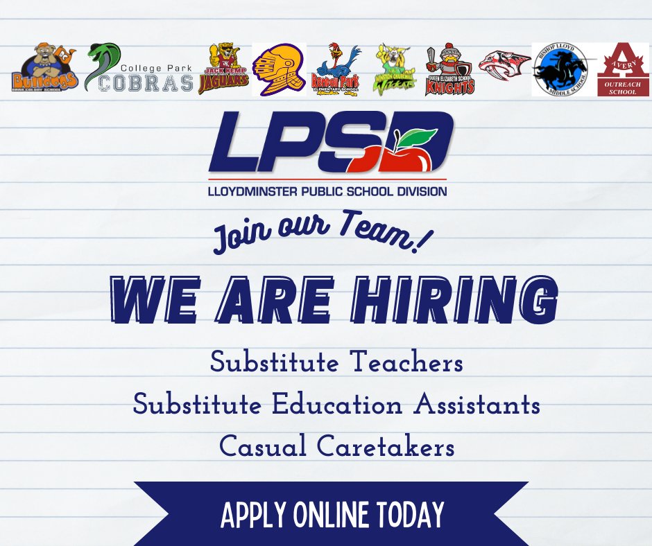 LloydPublic's tweet photo. LPSD is hiring! Currently looking for Substitute Teachers, Substitute Education Assistants, and Casual Caretakers, see the posting for further details: https://t.co/Z8p1YN5nVb https://t.co/uaRy6BVFfL