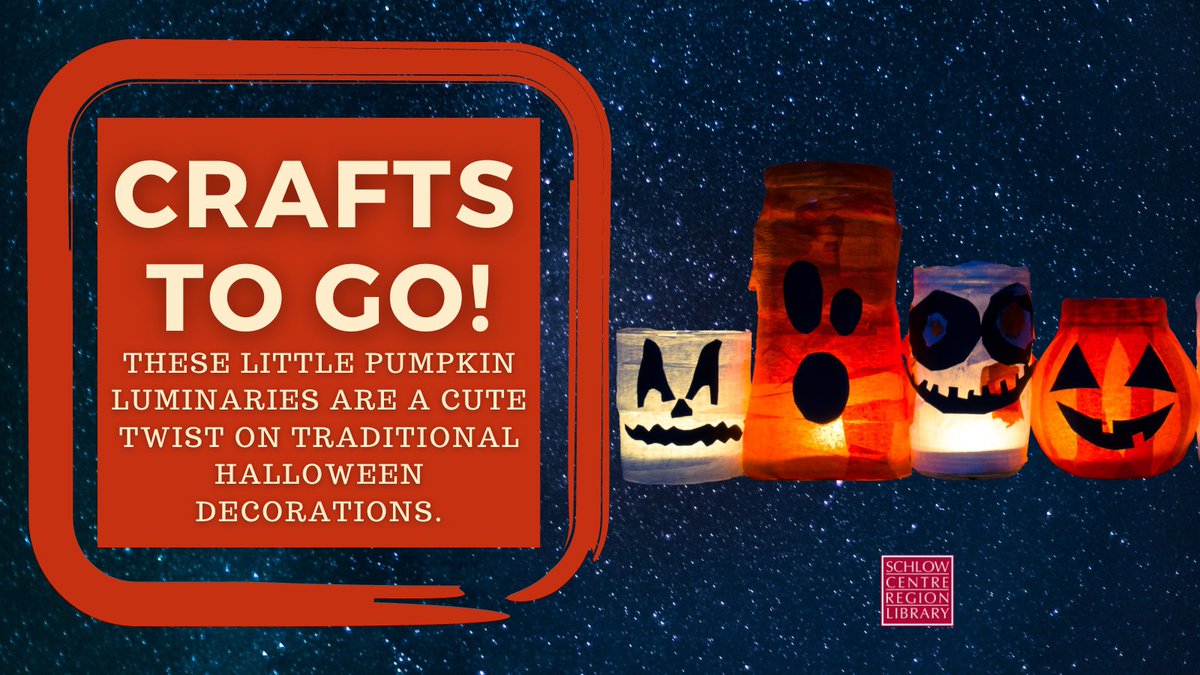 SchlowLibrary's tweet photo. 🎃 #CheckOut our latest #CraftsToGo project for adults & teens: These #PumpkinLuminaries are a cute twist on traditional #Halloween decorations! Visit https://t.co/XD8tFsS1UM for details on how to reserve your #C2GKit to take home, make and enjoy. 🎃 https://t.co/KRx0bL9aBJ