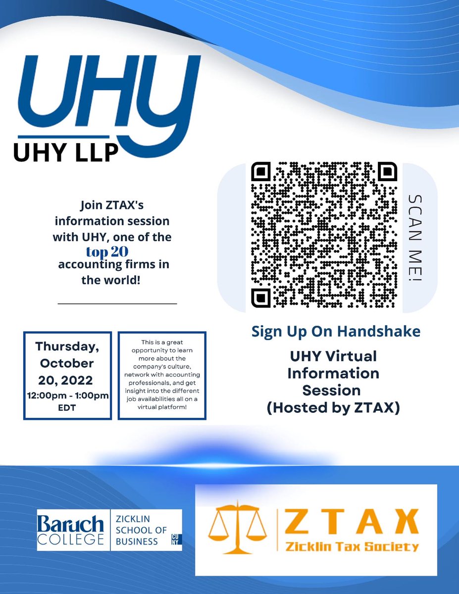BaruchZGTS's tweet photo. Join us on Thursday, Oct 20th (12:00 - 2:00 PM) for a Virtual Information Session with the Top 20 accounting firm, UHY LLP!

Come to build connections with professionals from UHY LLP, and learn more about the firm! 

RSVP here:https://t.co/CNAcTYgeJl https://t.co/dbdYIHll5w