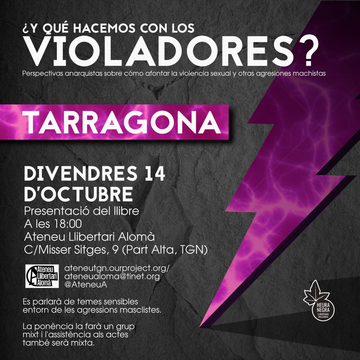 Inaugurem el curs amb la presentació del llibre "¿Y qué hacemos con los violadores? Perspectivas anarquistas sobre cómo afrontar la violencia sexual y otras agresiones machistas." Serà el dia 14 d'octubre a les 18h.