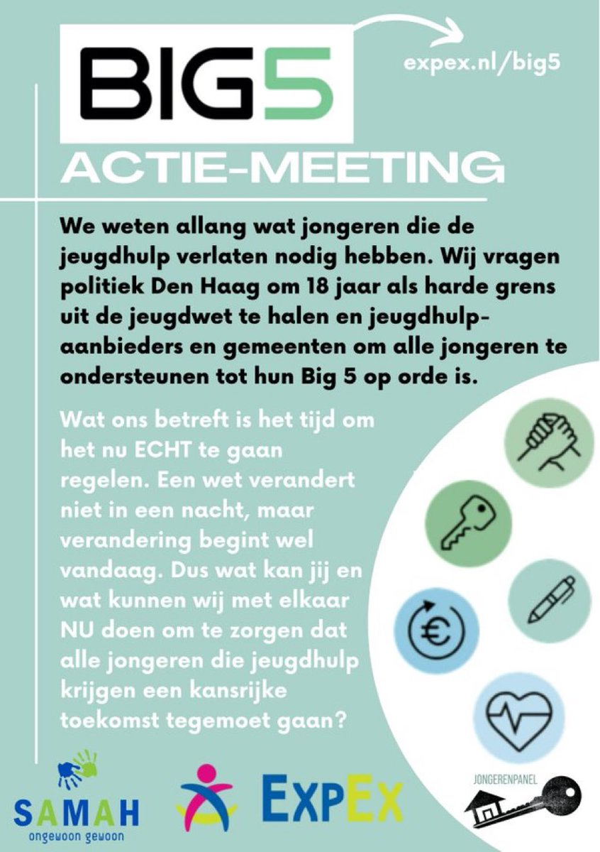 En kom jij ook naar de Big 5 actie-meeting op 9 november die we samen met #jongerenpaneldederdekamer #samah organiseren voor iedereen die met ons ervoor wil zorgen dat 18 uit de jeugdwet gaat en de Big 5 in de hervormingsagenda