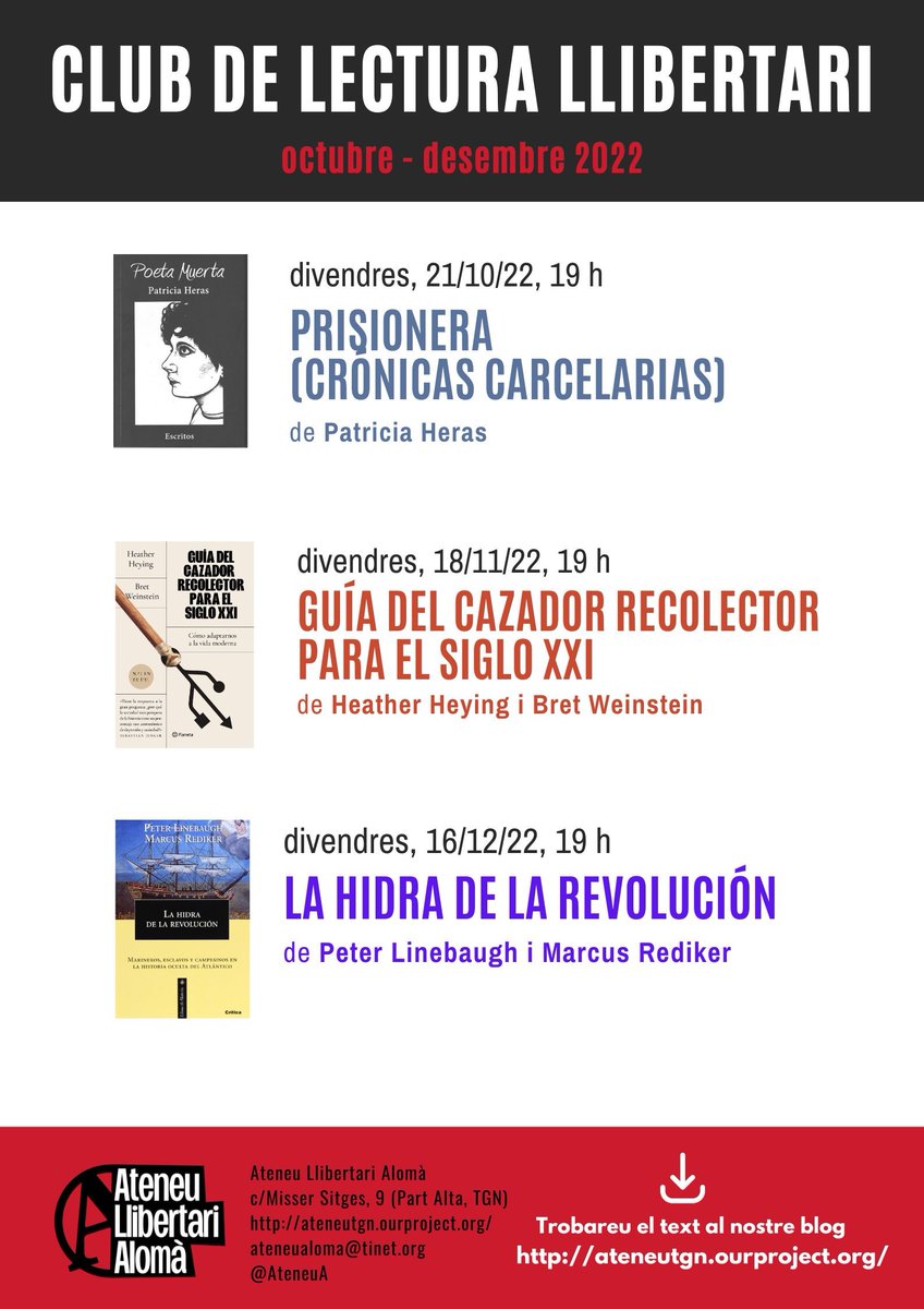 Aquest curs per tercera vegada farem les trobades mensuals del club de lectura. Aquí us deixem les 3 propostes pels mesos d'Octubre, Novembre i Desembre, el tercer divendres del mes a les 19h.
Els textos es troben a la nostra pagina web:
ateneutgn.ourproject.org/2022/10/club-d…
