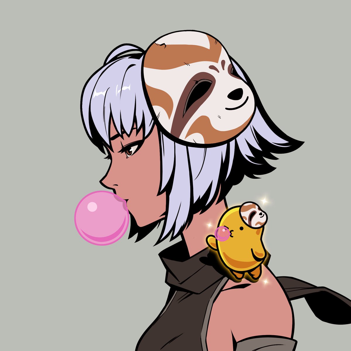 She is the guardian of the garden,
rising like a bright moon.

She removes her mask, celebrating a victory with her best pal.

Her time to shine, the sakura skinned sky illuminating, before the next storm.

She is Azuki #1924.

Owner:<a href="/emiliecreek/">Emilie ☕️</a>
Artwork:@peeps026 
<a href="/AzukiOfficial/">Azuki</a>